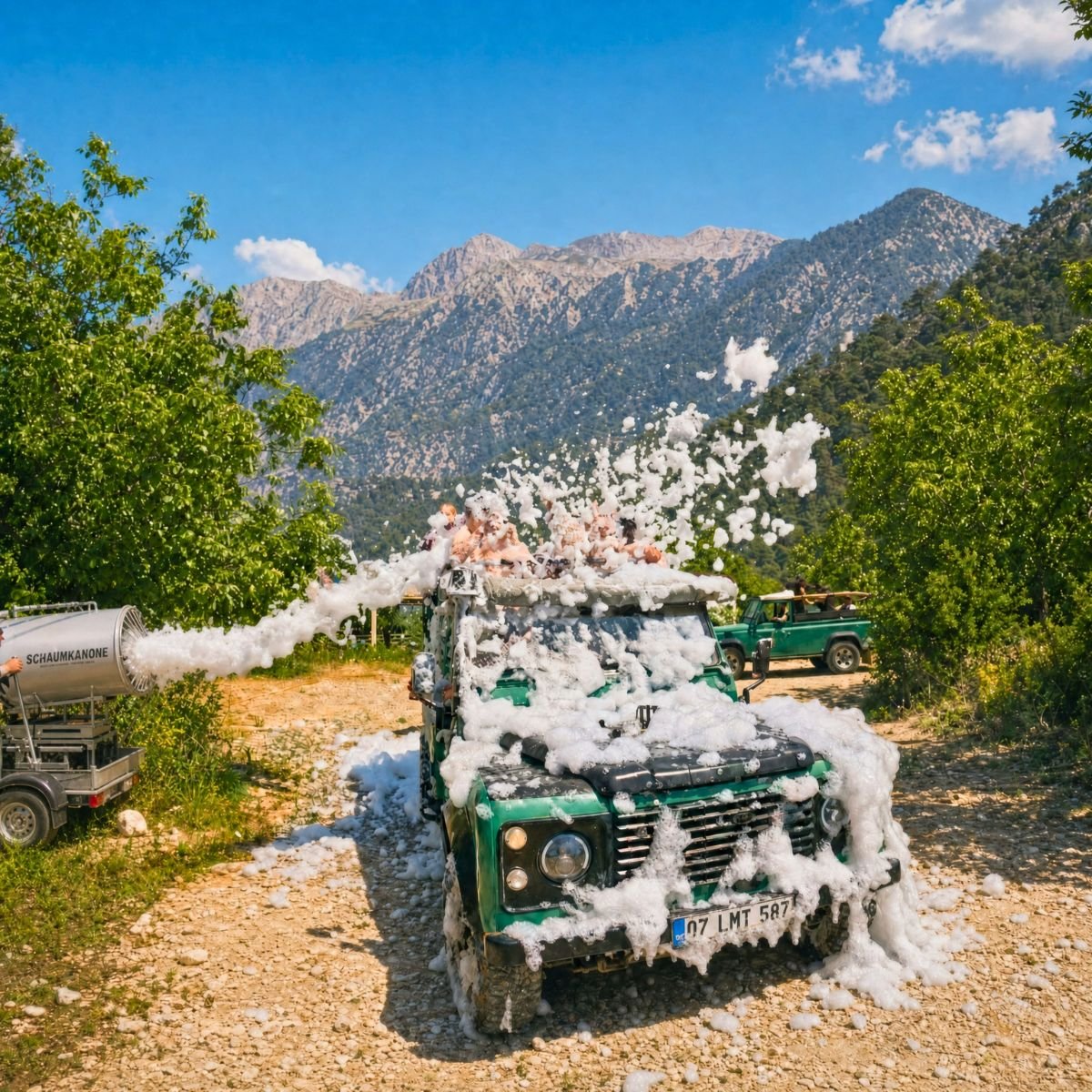 Jeep convoy on a dusty road past an ancient aqueduct