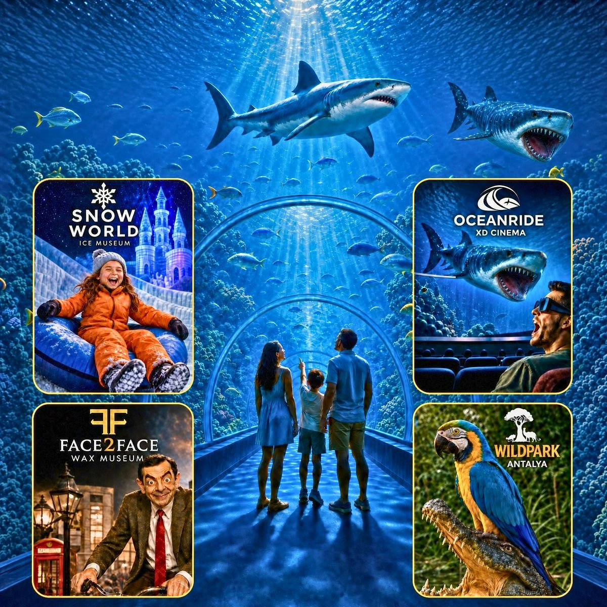 Antalya Aquarium attractions — Snow World, Oceanride XD Cinema, Face2Face Wax Museum and Wildpark