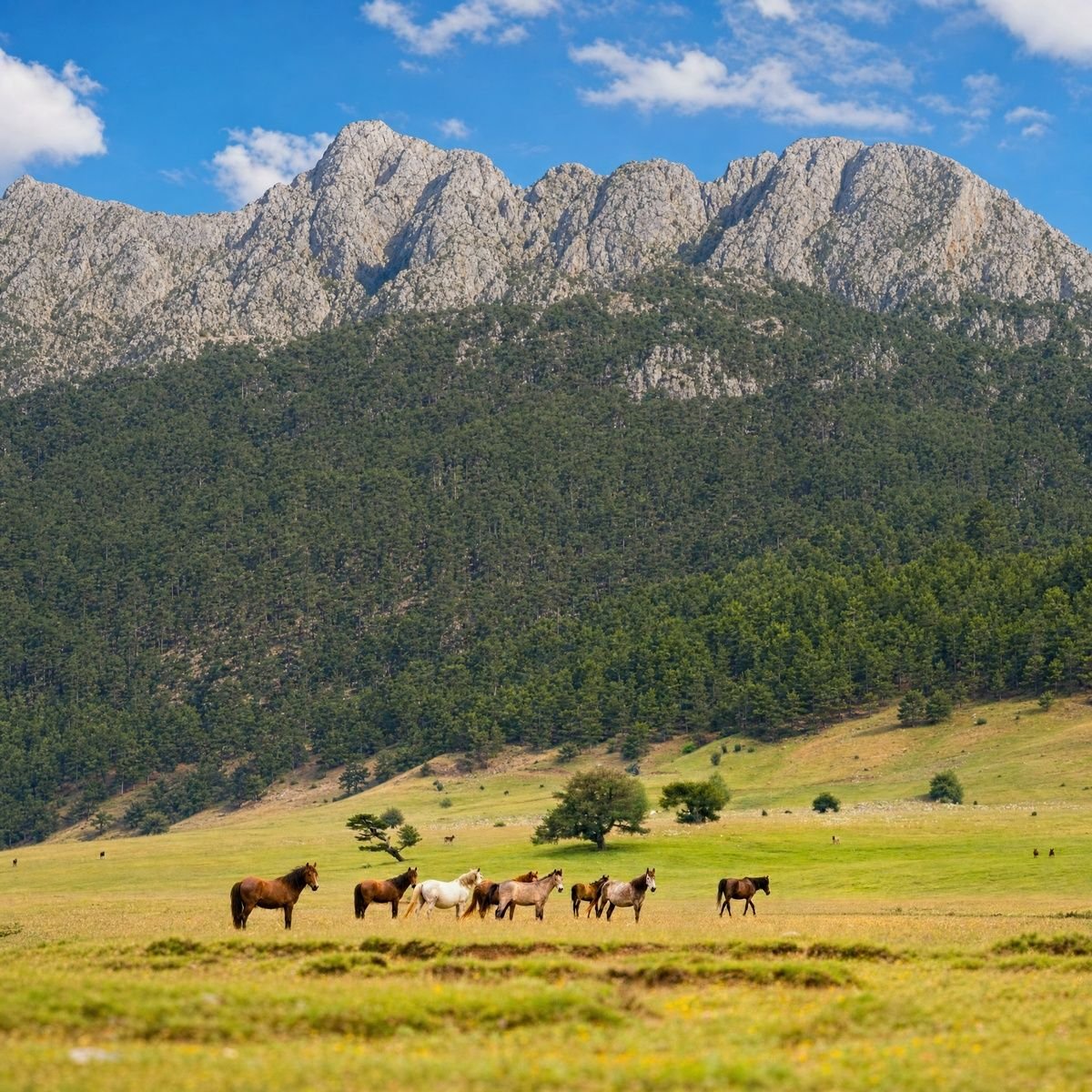 Wild horses grazing in the Taurus Mountains near Ormana