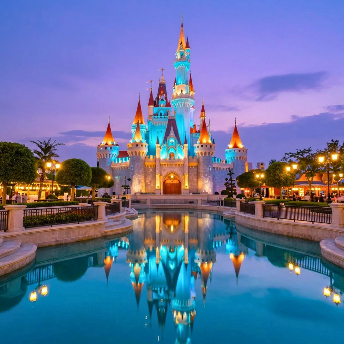 Magical castle fountain show at Land of Legends at night