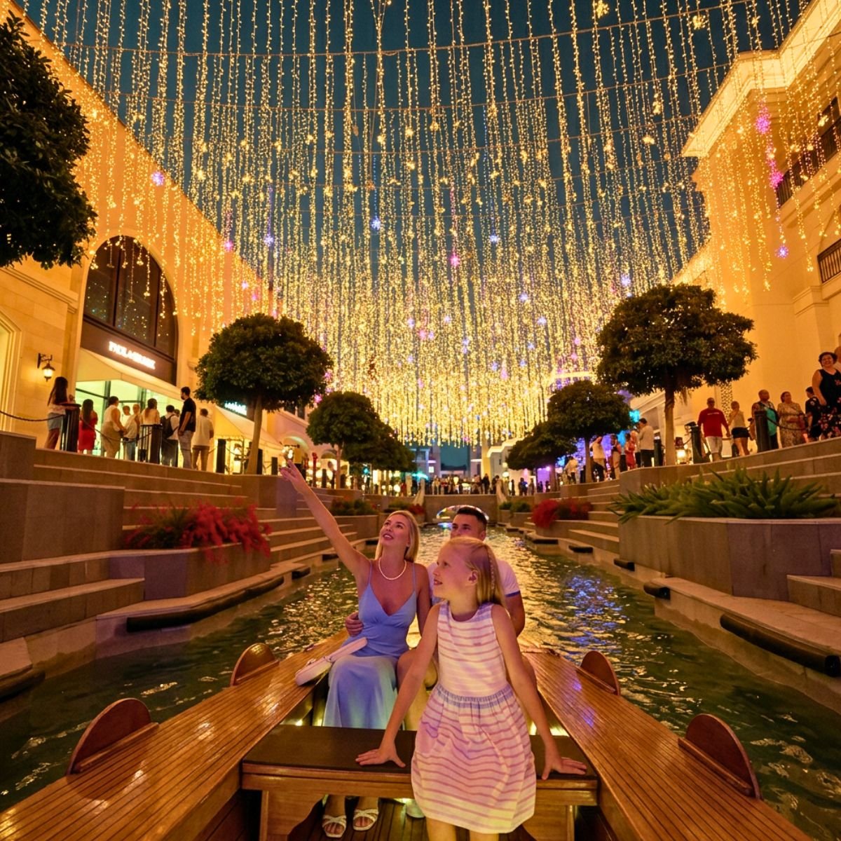 Family enjoying a boat ride under fairy lights at Shopping Avenue