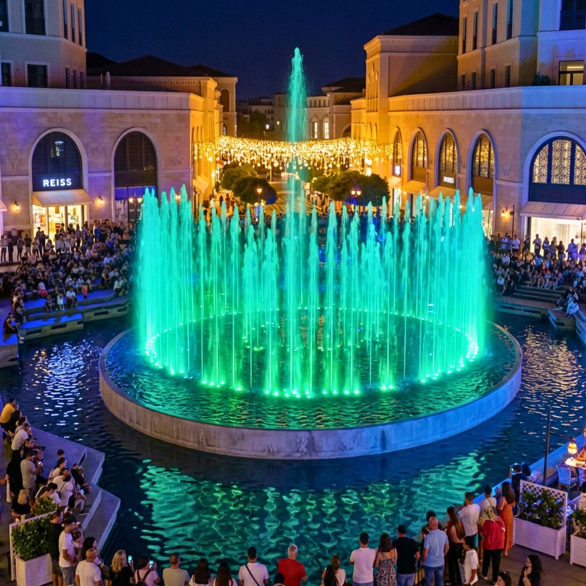 Spectacular green illuminated fountain at Shopping Avenue with crowds