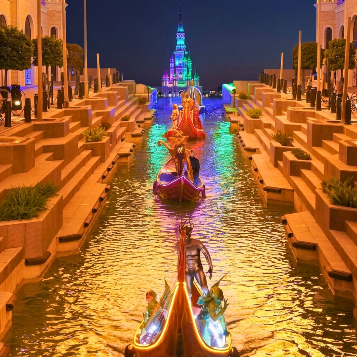 Illuminated parade boats on the canal at Land of Legends Night Show