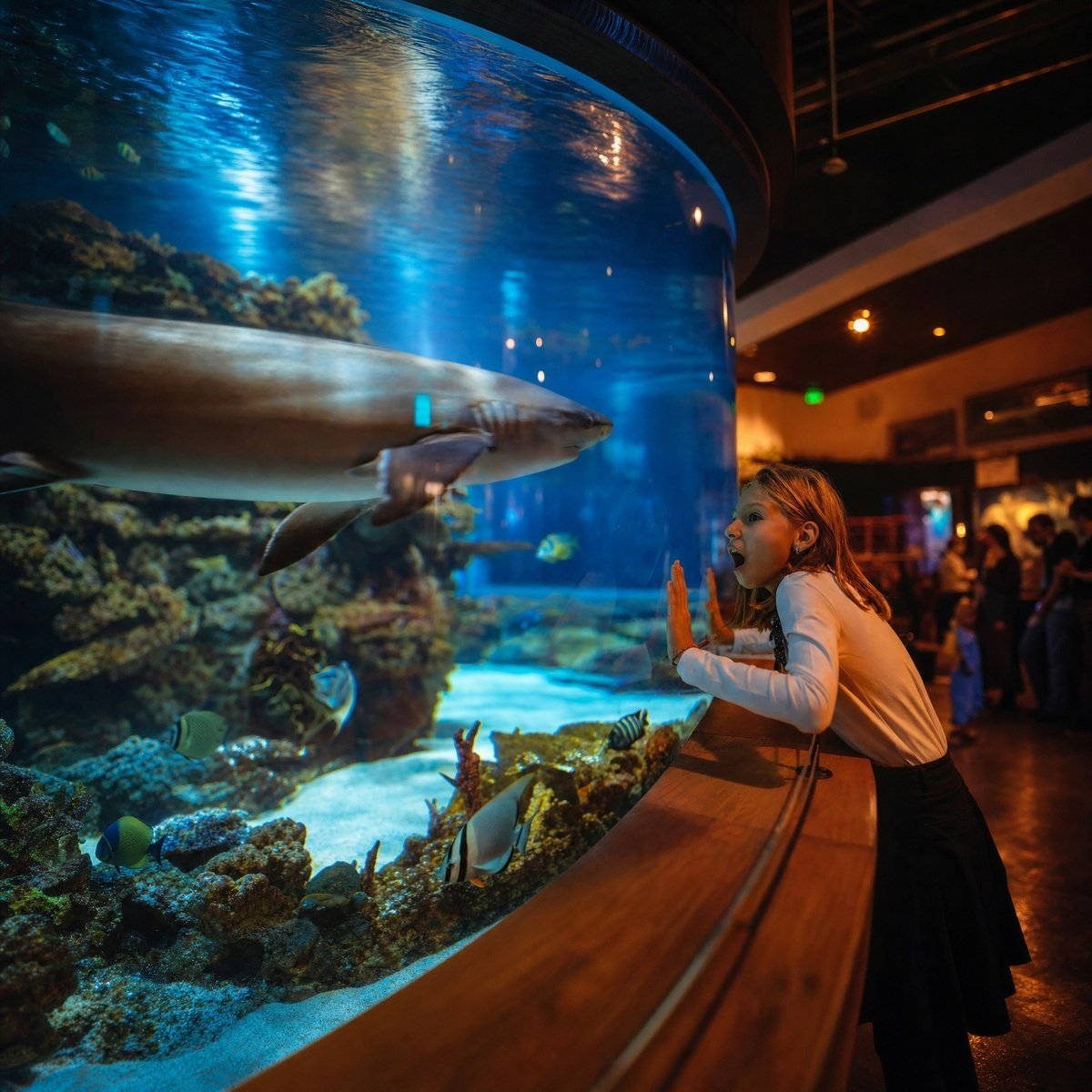 Young girl amazed by a shark swimming past at Antalya Aquarium