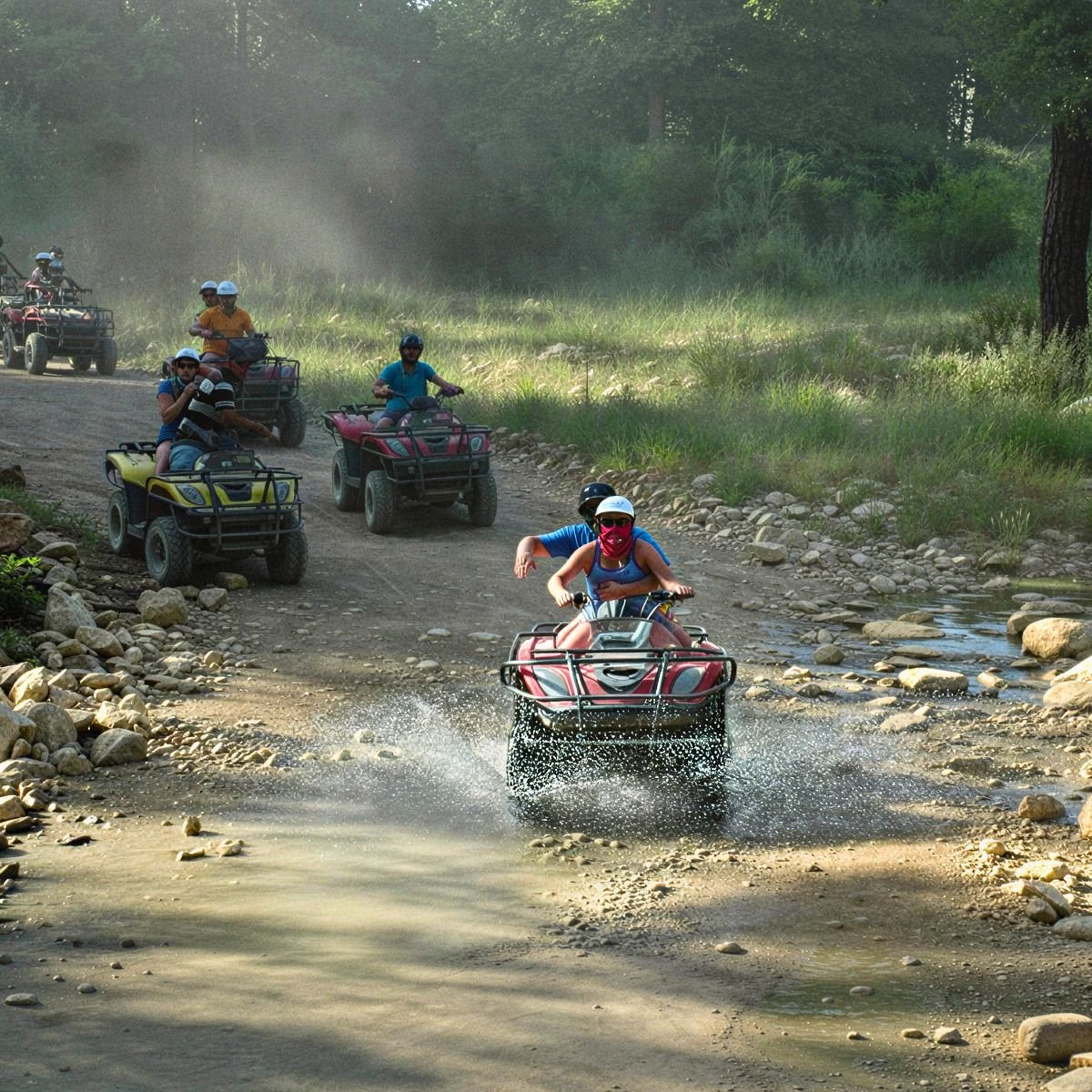 Quad safari group crossing shallow river in forest