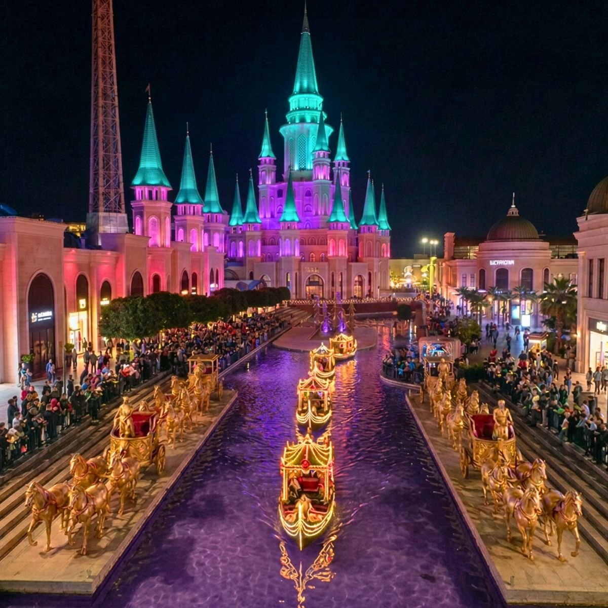 Grand illuminated canal parade with golden carriages and fairytale castle at Land of Legends