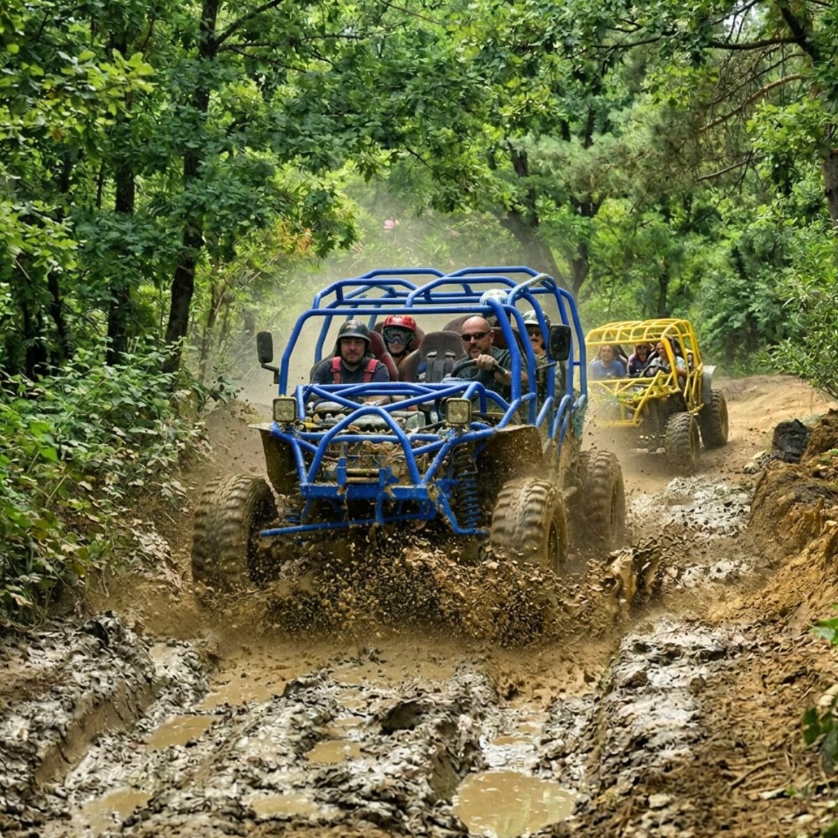 Buggies splashing through muddy off-road tracks