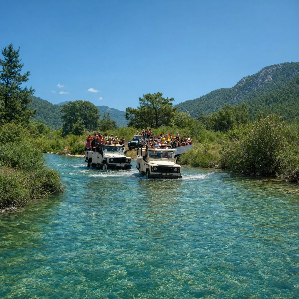 Jeep crossing a river with mountain panorama