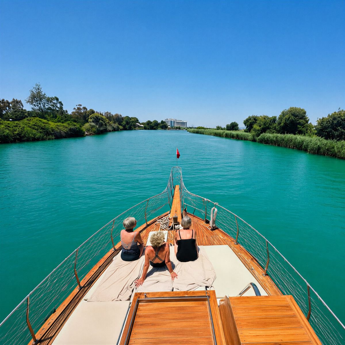 Guests relaxing on the bow of a river boat