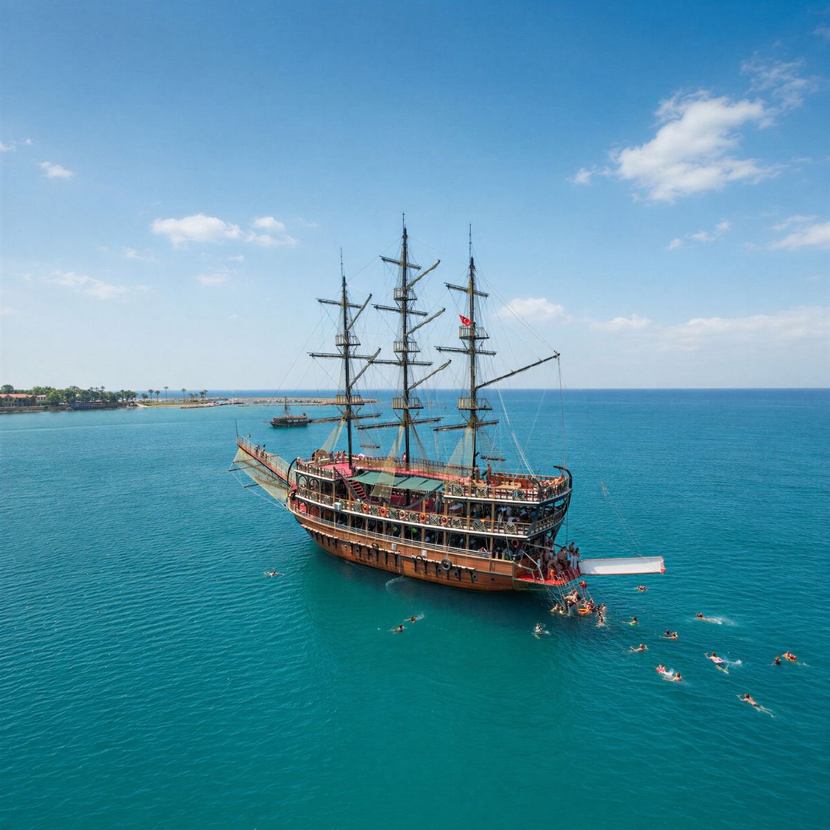 Pirate boat at sea with swimmers