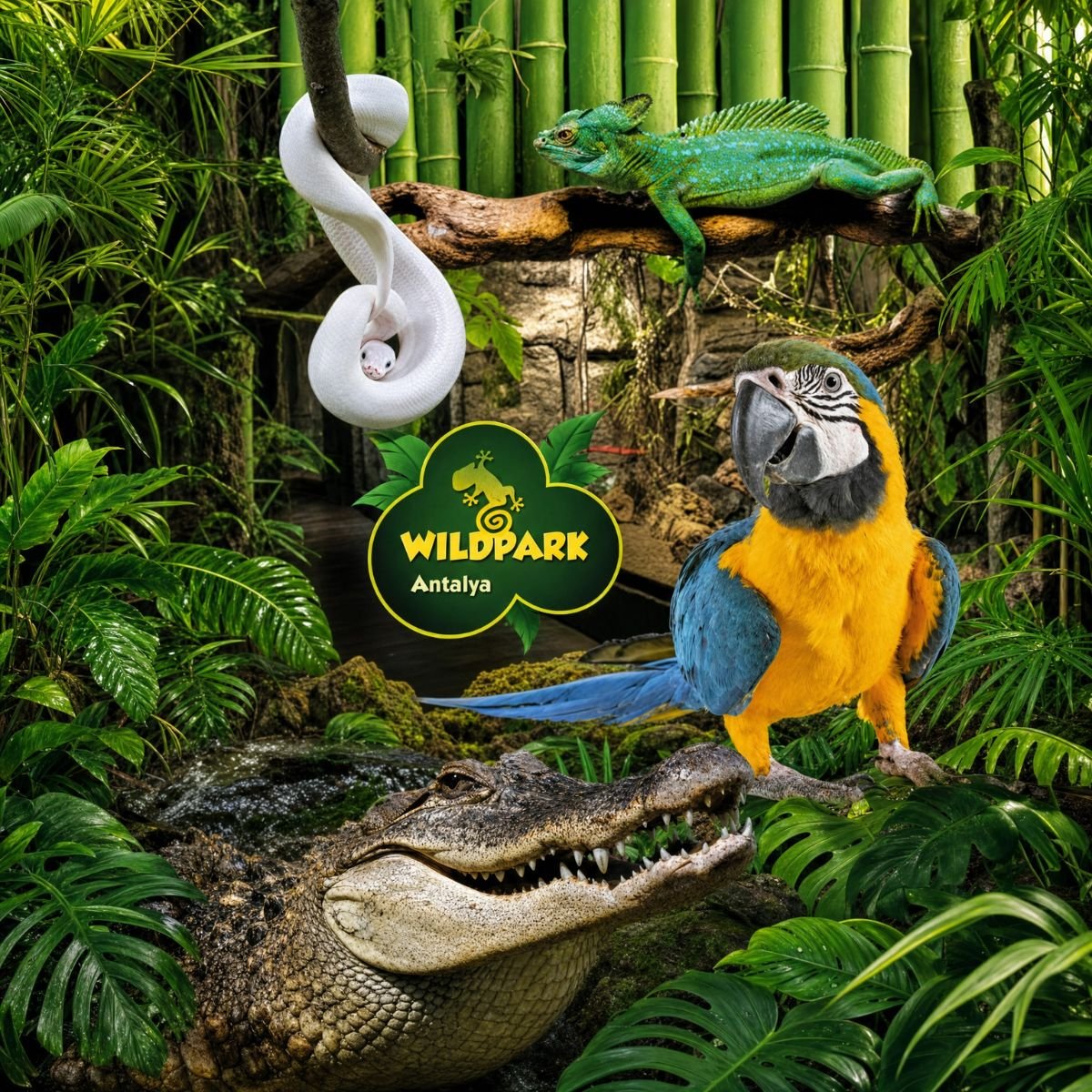 Wildpark Antalya — parrot, iguana, snake and crocodile