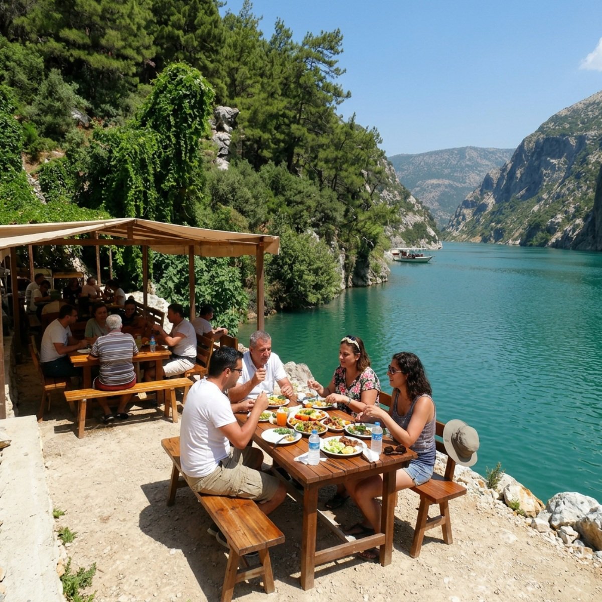 Guests enjoying lunch beside the turquoise Green Canyon lake