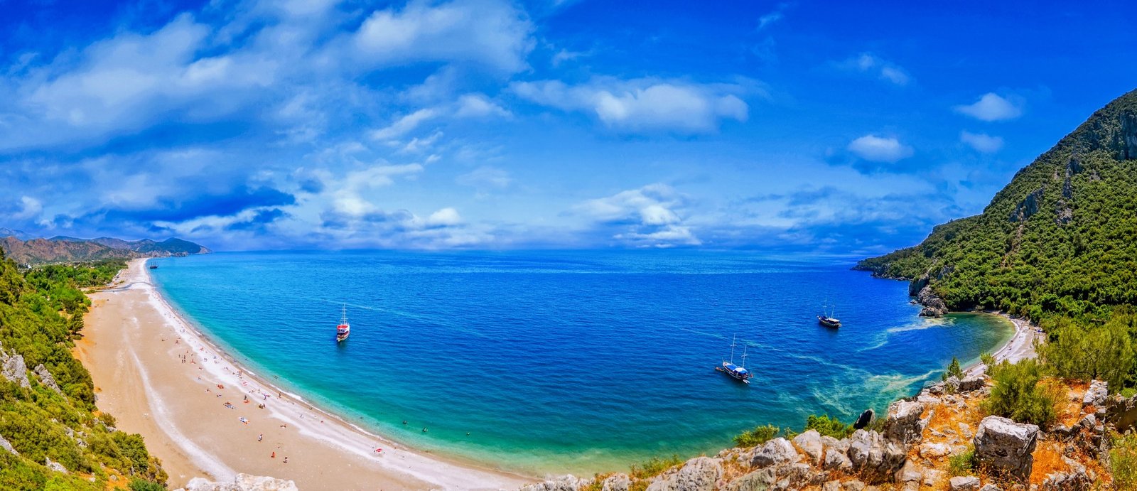 Panoramic view across the turquoise Olympos bay on the Turkish Riviera