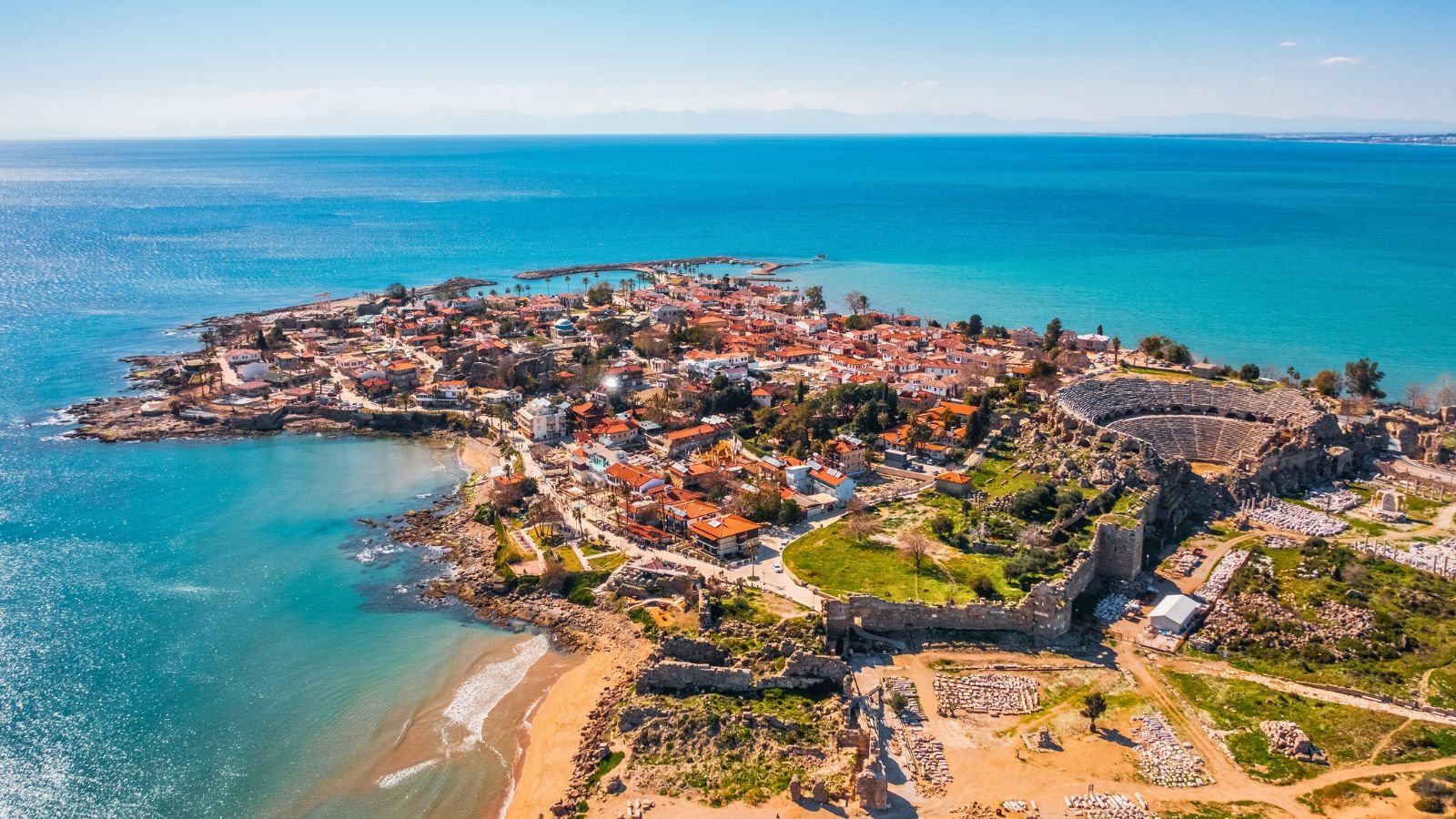 Aerial view of Side old town, beach and ancient ruins